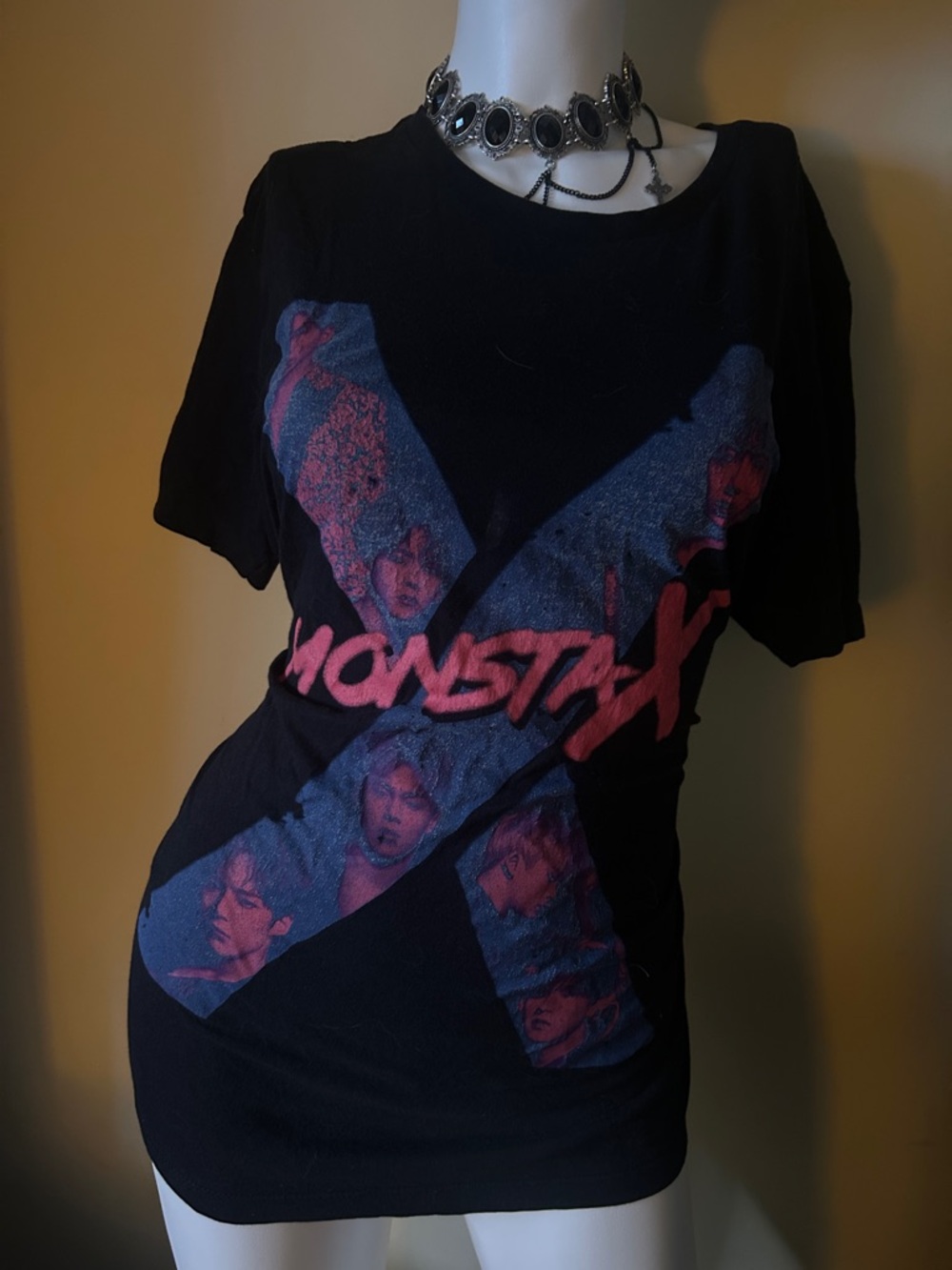 Monsta X Black Graphic Band Tee - Pink & Blue Print